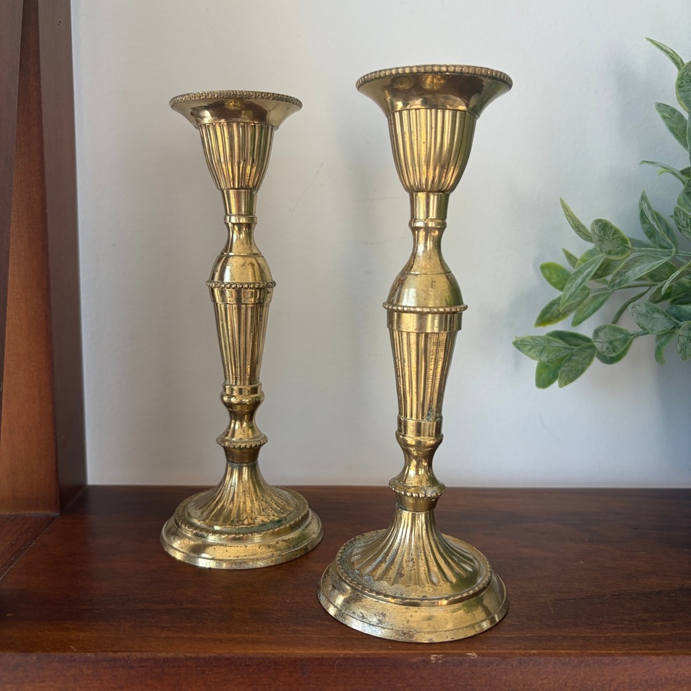 Hosley Solid Lacquered Brass Fluted Candlestick Holders Pair BS 5890 India 7.75"